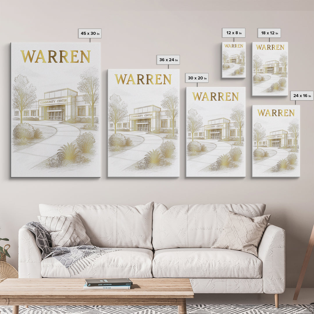 Warren Michigan Travel Poster, Canvas Print, White And Gold Sketch Art, Warren Travel Art, City Art Print, Eclectic Wall Decor, Poster Art