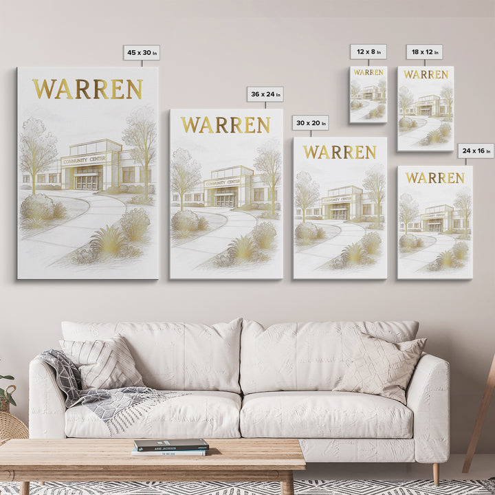 Warren Michigan Travel Poster, Canvas Print, White And Gold Sketch Art, Warren Travel Art, City Art Print, Eclectic Wall Decor, Poster Art