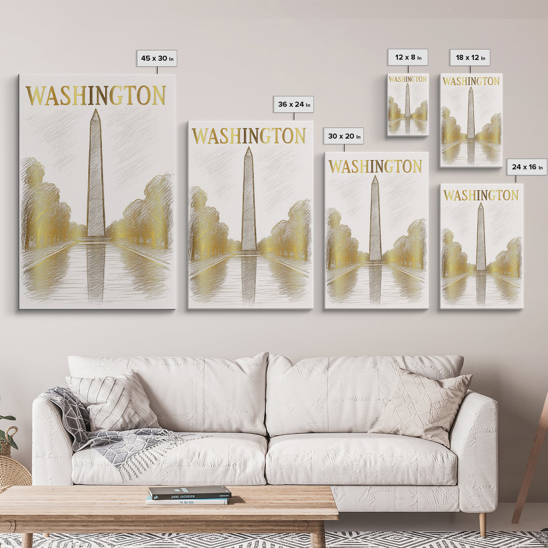 Washington DC Travel Poster, Canvas Print, White And Gold Sketch Art, Washington Poster Print, City Illustration, Modern Wall Decor