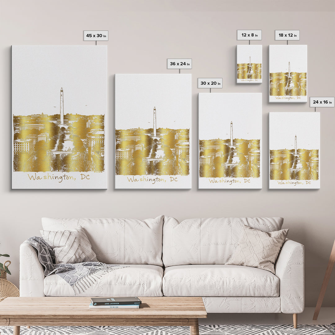 Washington DC Travel Poster, Framed Canvas Print, White And Gold Sketch Art, Washington DC City Art, Modern Wall Decor, Wanderlust Decor