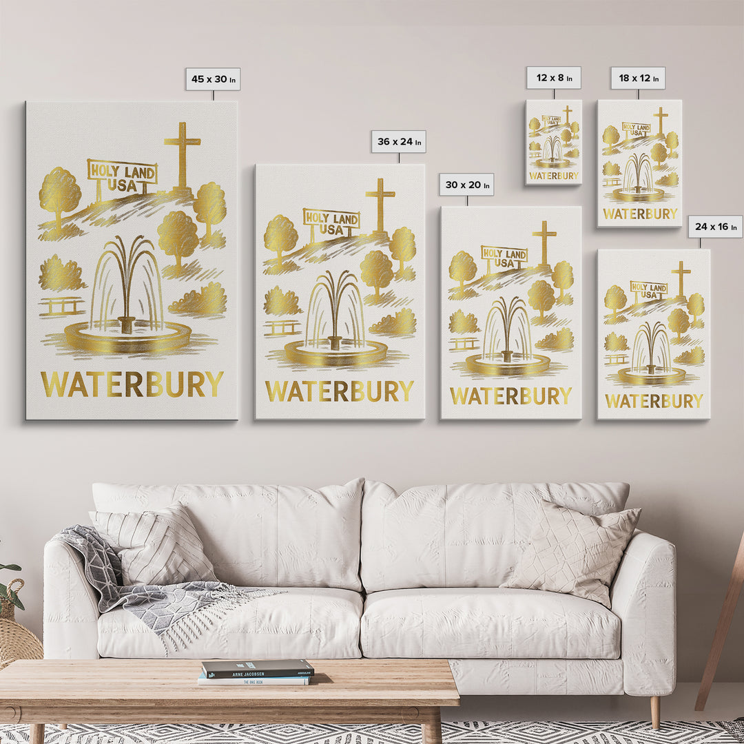Waterbury Travel Poster, Canvas Print, White And Gold Sketch Art, Waterbury City Art, Travel Wall Decor, City Travel Prints, Travel Print