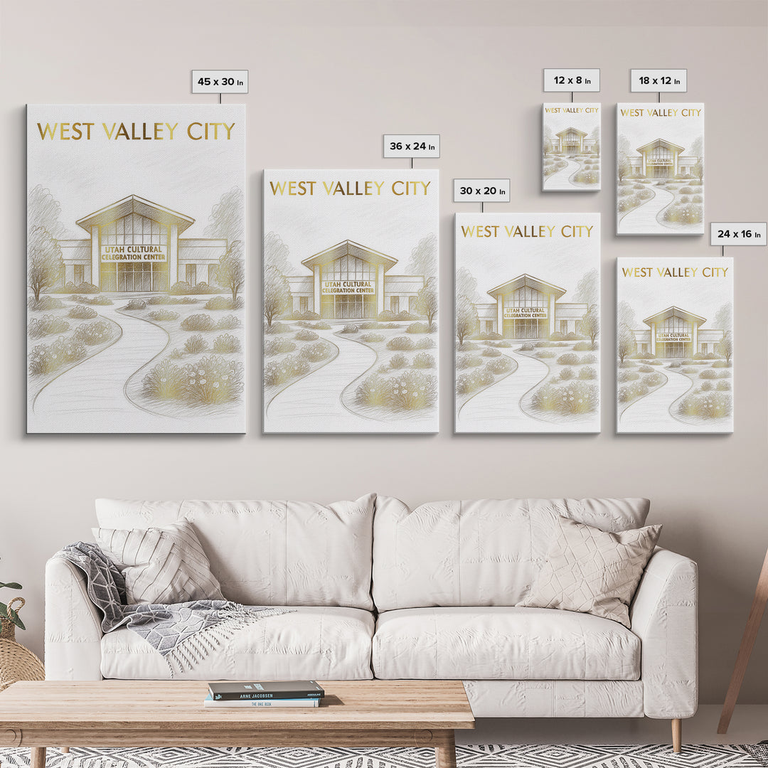 West Valley City Travel Poster, Canvas Print, Gold Line Drawing Wall Art, West Valley City Wall Art, Watercolor Urban Skyline, Travel Print