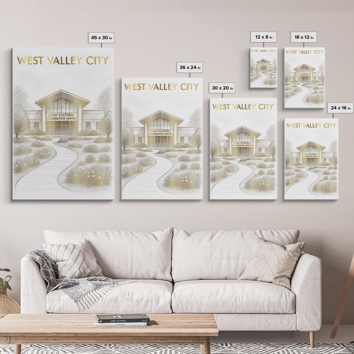 West Valley City Travel Poster, Canvas Print, Gold Line Drawing Wall Art, West Valley City Wall Art, Watercolor Urban Skyline, Travel Print