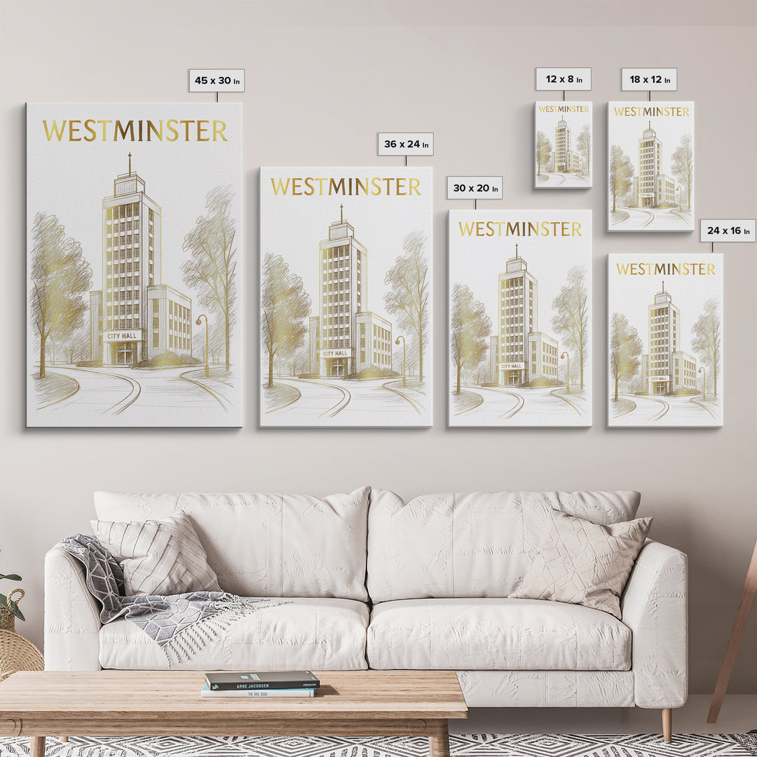Westminster Colorado Travel Poster, Canvas Print, Gold Line Drawing Wall Art, Westminster Poster Print, Travel Poster Set, City Art Print