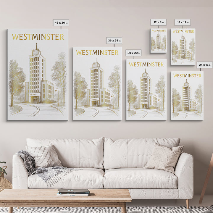 Westminster Colorado Travel Poster, Canvas Print, Gold Line Drawing Wall Art, Westminster Poster Print, Travel Poster Set, City Art Print