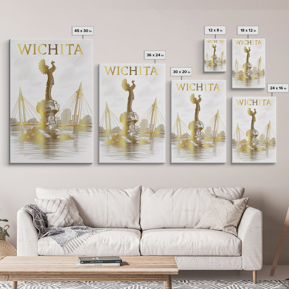 Wichita Kansas Travel Poster, Canvas Print, Gold Line Drawing Wall Art, Wichita Wall Art, Wall Decor, Modern Wall Decor, Travel Wall Art