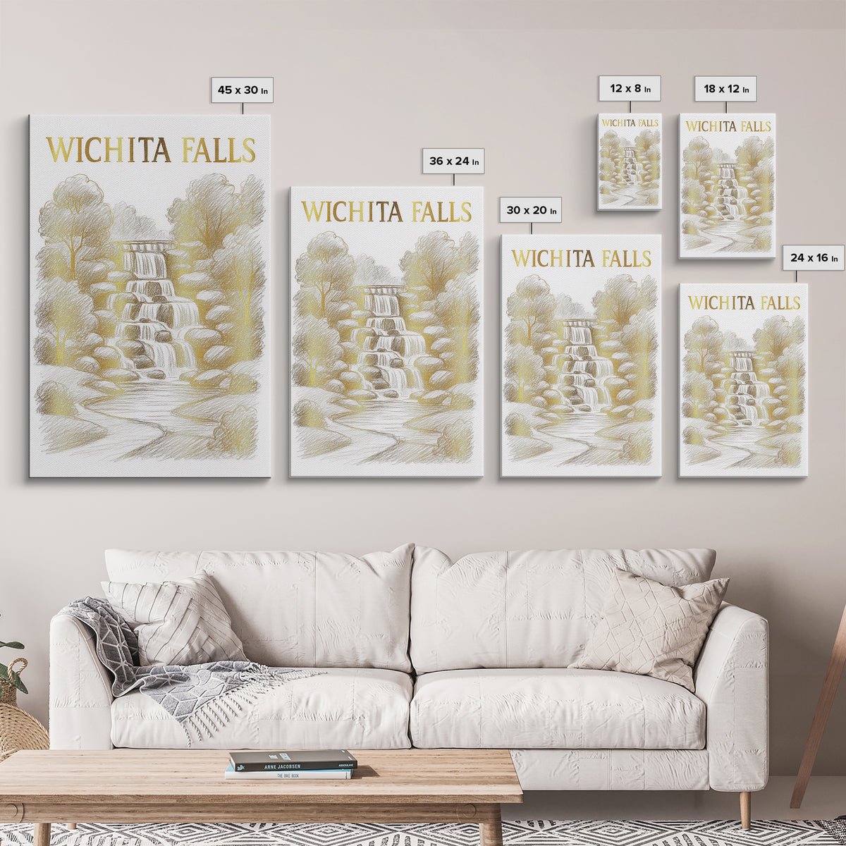 Wichita Falls Texas Travel Poster, Canvas Print, Gold Line Drawing Wall Art, Wichita Falls City Art, Travel Poster Art, Watercolor Skyline