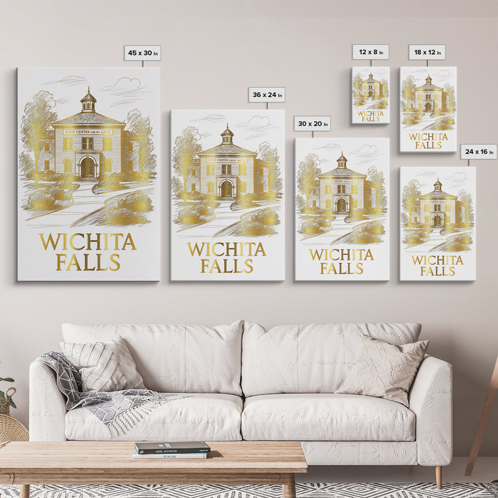 Wichita Falls Travel Poster, Framed Canvas Print, White And Gold Sketch Art, Wichita Falls City Art, Vintage City Art, Travel Wall Art