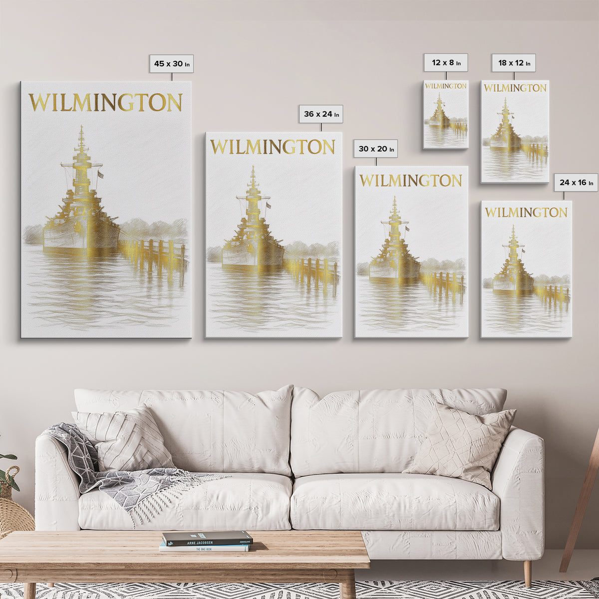 Wilmington North Carolina Travel Poster, Canvas Print, Gold Line Drawing Wall Art, Wilmington Travel Art, Travel Prints, Vintage City Poster