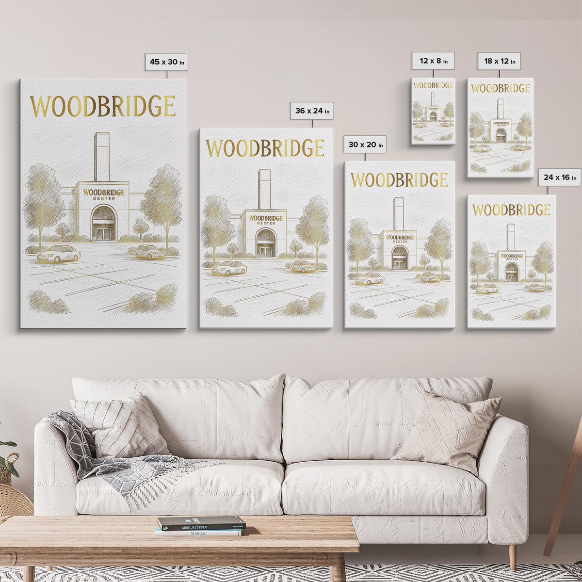 Woodbridge Virginia Travel Poster, Canvas Print, Gold Line Drawing Wall Art, Woodbridge Travel Art, Living Room Wall Art, Wanderlust Decor