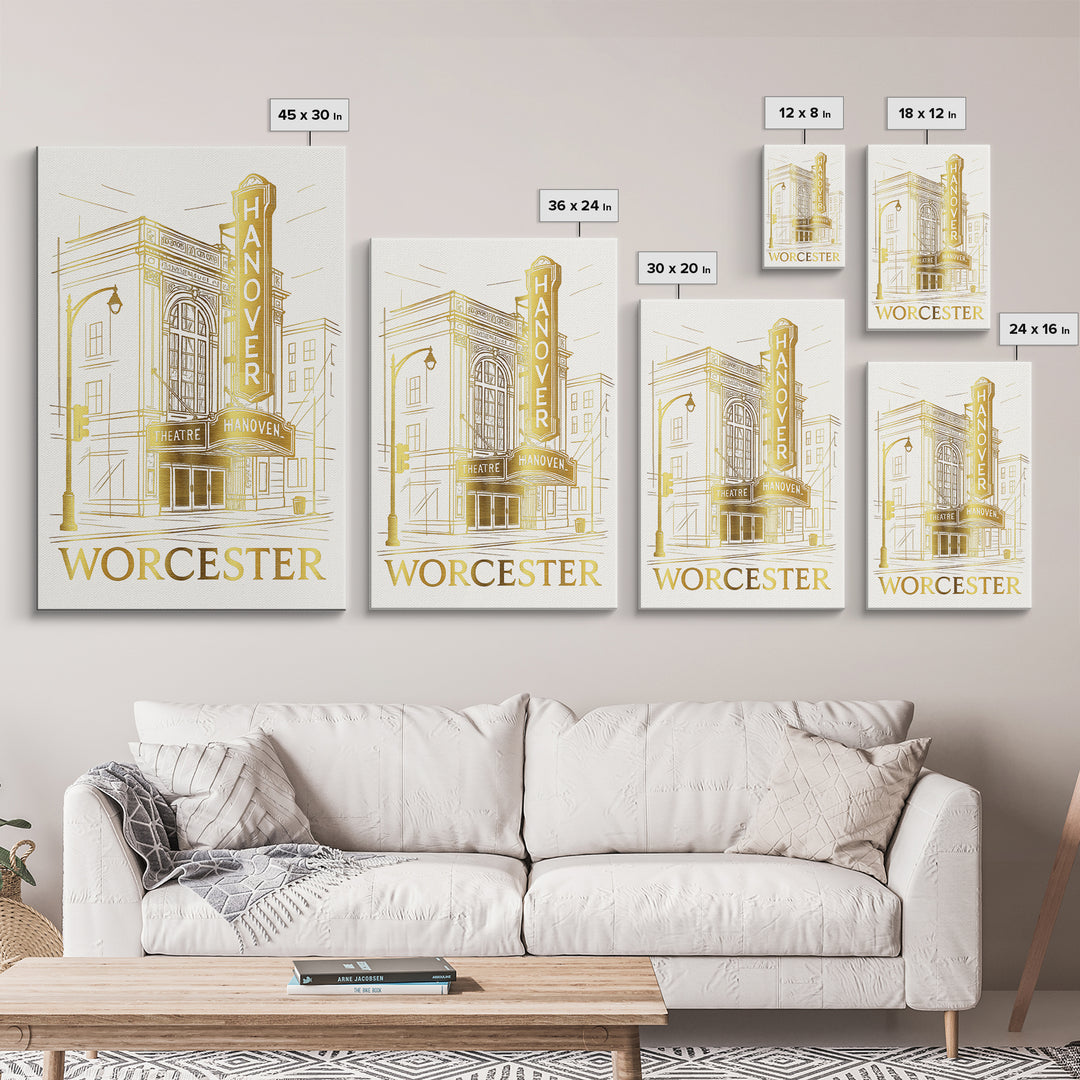 Worcester Travel Poster, Canvas Print, Gold Line Drawing Wall Art, Worcester Art Print, Travel Wall Art, Home Office Decor, Retro Poster