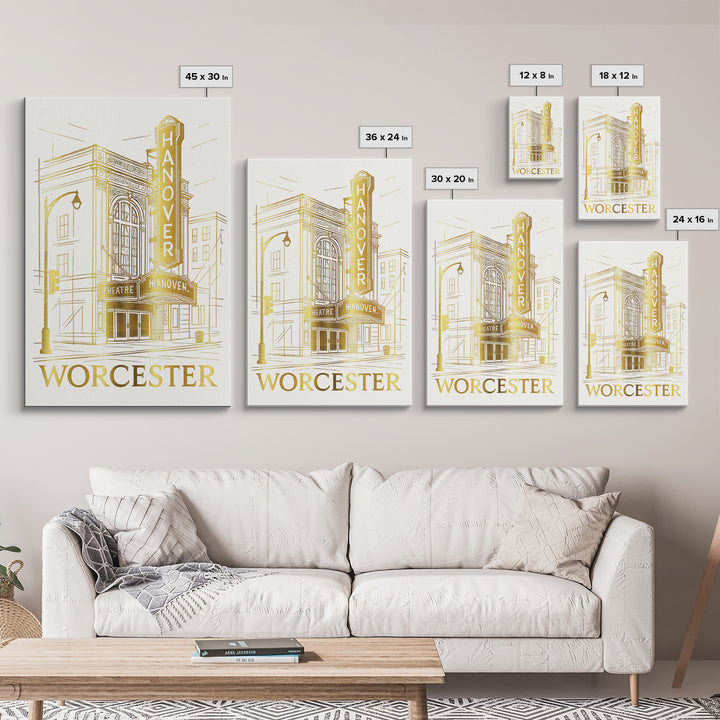 Worcester Travel Poster, Canvas Print, Gold Line Drawing Wall Art, Worcester Art Print, Travel Wall Art, Home Office Decor, Retro Poster