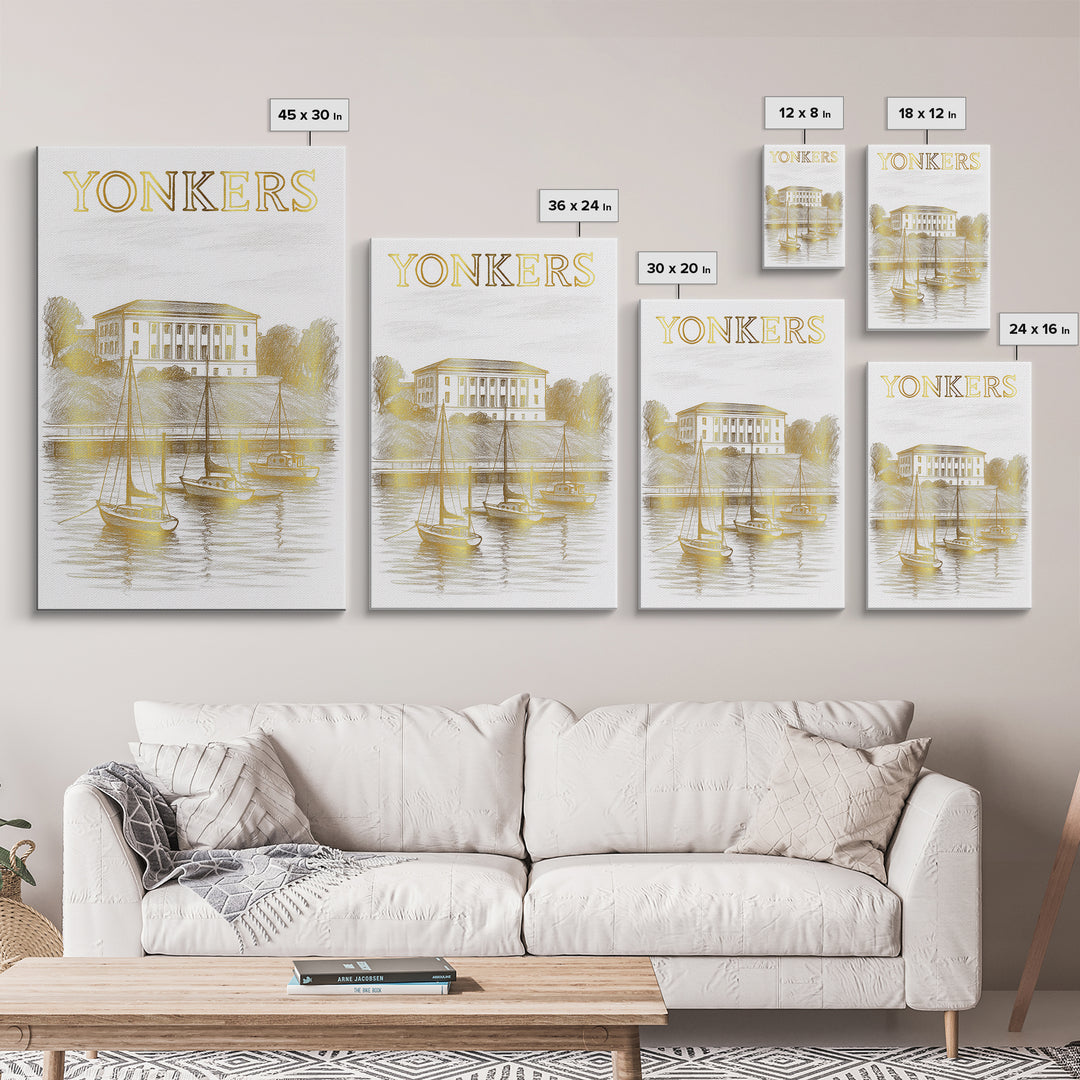Yonkers New York Travel Poster, Canvas Print, White And Gold Sketch Art, Yonkers Travel Art, Travel Art, Travel Wall Art, City Travel Prints