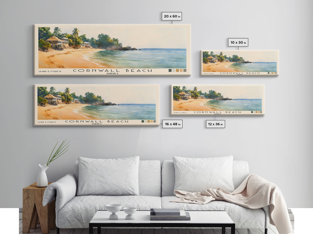 Cornwall Beach, Jamaica Watercolor Beach Print, Vacation Gift, Jamaica Wall Art, Framed Canvas Print, Framed Beach Painting