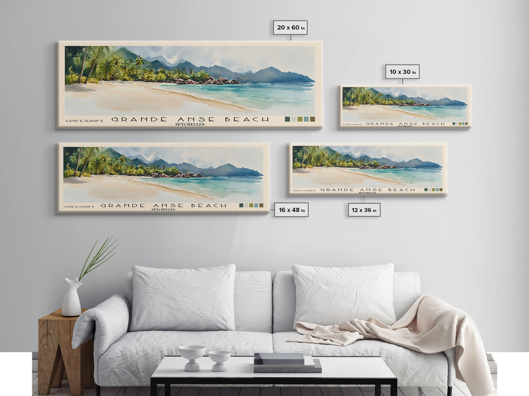 Grande Anse Beach, Seychelles Watercolor Print, Vacation Gift, Seychelles Wall Art, Beach Painting, Beach Decor, Large Wall Art, Wood Frame Art