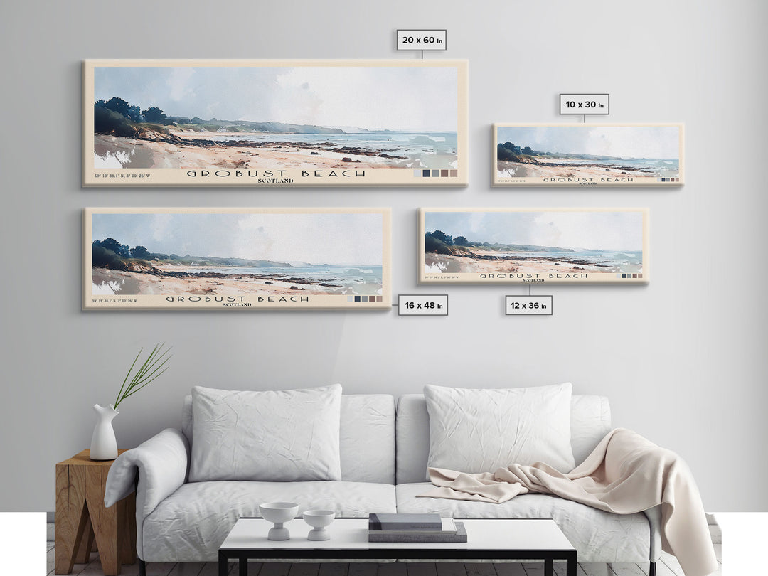 Grobust beach, Scotland Watercolor Print, Vacation Gift, Scotland Wall Art, Beach Painting, Beach Decor, Large Wall Art, Wood Frame Art