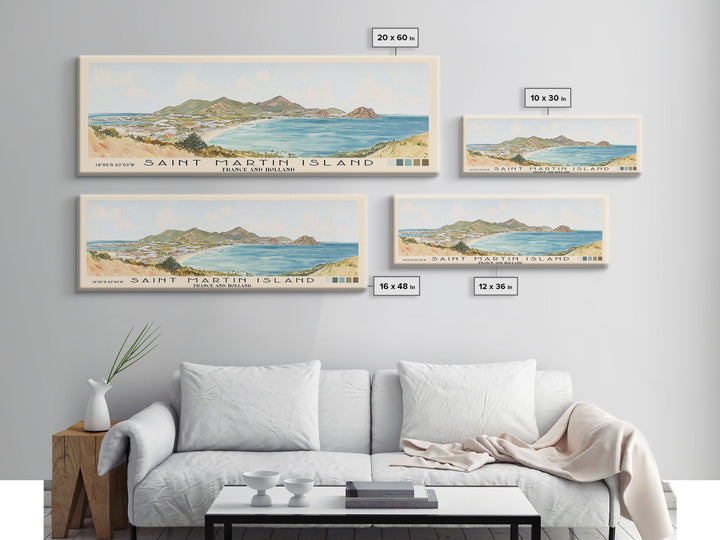 Saint Martin Island, France and Holland Watercolor Beach Print, Vacation Gift, France and Holland Wall Art, Framed Canvas Print, Framed Beach Painting