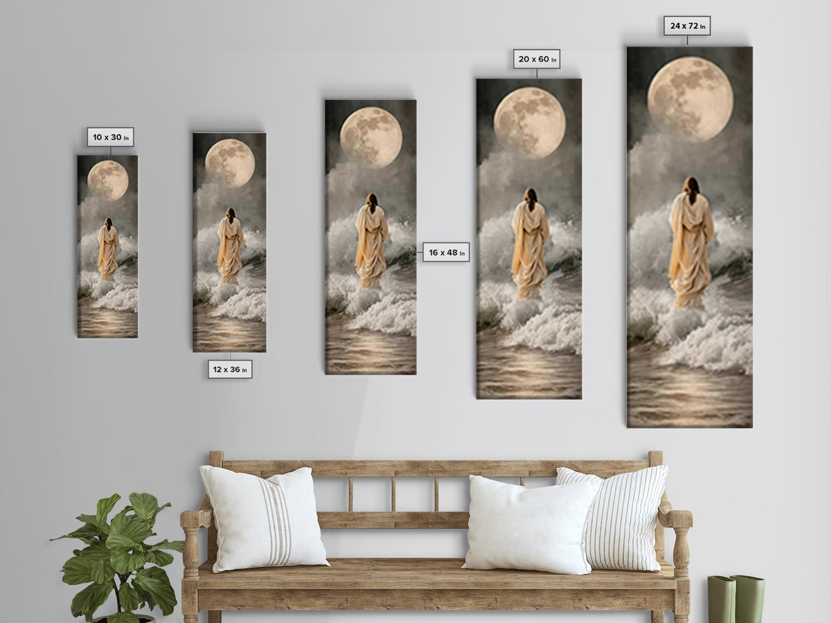 Moonlit Footsteps – Framed Canvas Print – Tall Skinny Art Print – Jesus Painting – Christian Art Canvas – Christian Wall Art