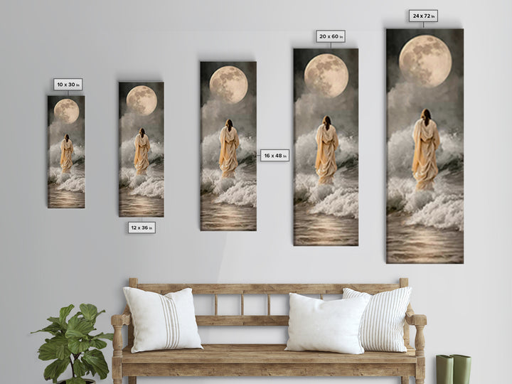 Moonlit Footsteps – Framed Canvas Print – Tall Skinny Art Print – Jesus Painting – Christian Art Canvas – Christian Wall Art
