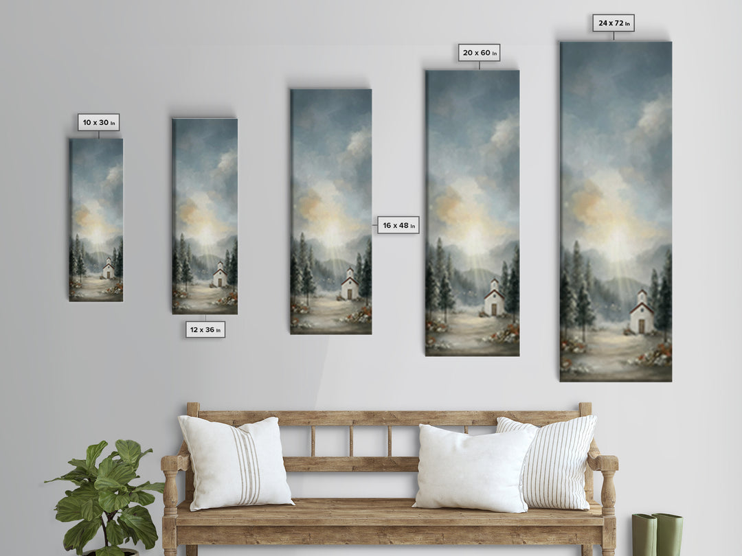 Mountain Chapel Radiance – Framed Canvas Print – Christian Art Canvas – Christian Christmas Art – Christmas Wall Art – Narrow Art – Framed