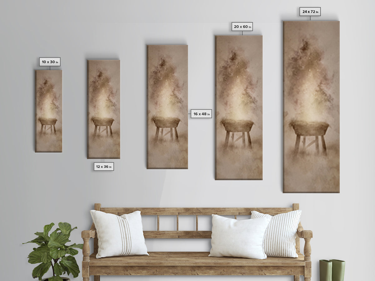 Manger Of Light, Framed Canvas Print, Christian Wall Art, Tall Narrow Wall Art, Christmas Art Prints, Christian Christmas Art, Unique Chris
