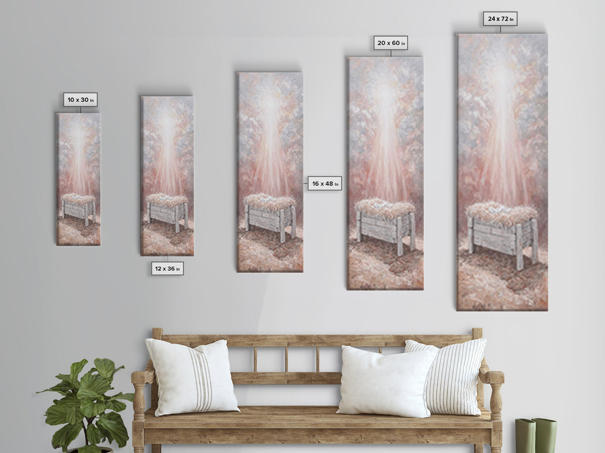 Humble Manger Glow - Framed Canvas Print - Christian Art Canvas - Christian Wall Art - Jesus Painting - Narrow Art - Christian Christmas Ar
