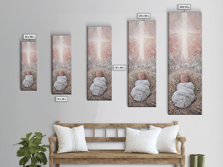 Sacred Manger Light | Framed Canvas Print | Christian Art Canvas | Christian Wall Art | Jesus Painting | Skinny Art