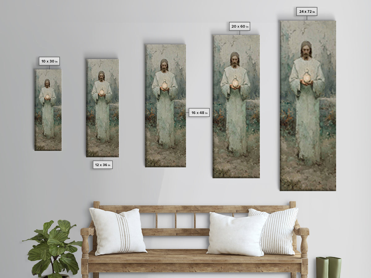 Hushed Lantern Grace – Framed Canvas Print – Narrow Art – Christian Wall Art – Christian Art Canvas – Jesus Painting – Skinny Art – Large C