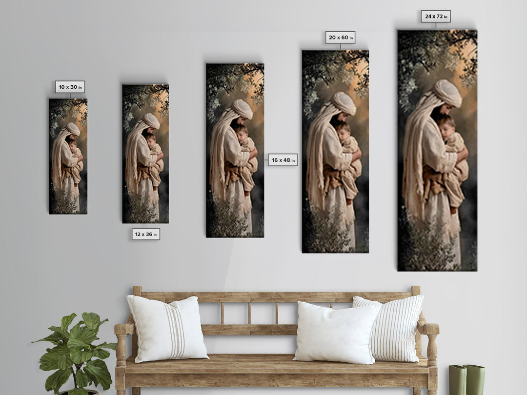 Shepherd’s Quiet Hold | Framed Canvas Print | Christian Wall Art | Jesus Painting | Christian Art Print | Tall Skinny Art Print | Christian