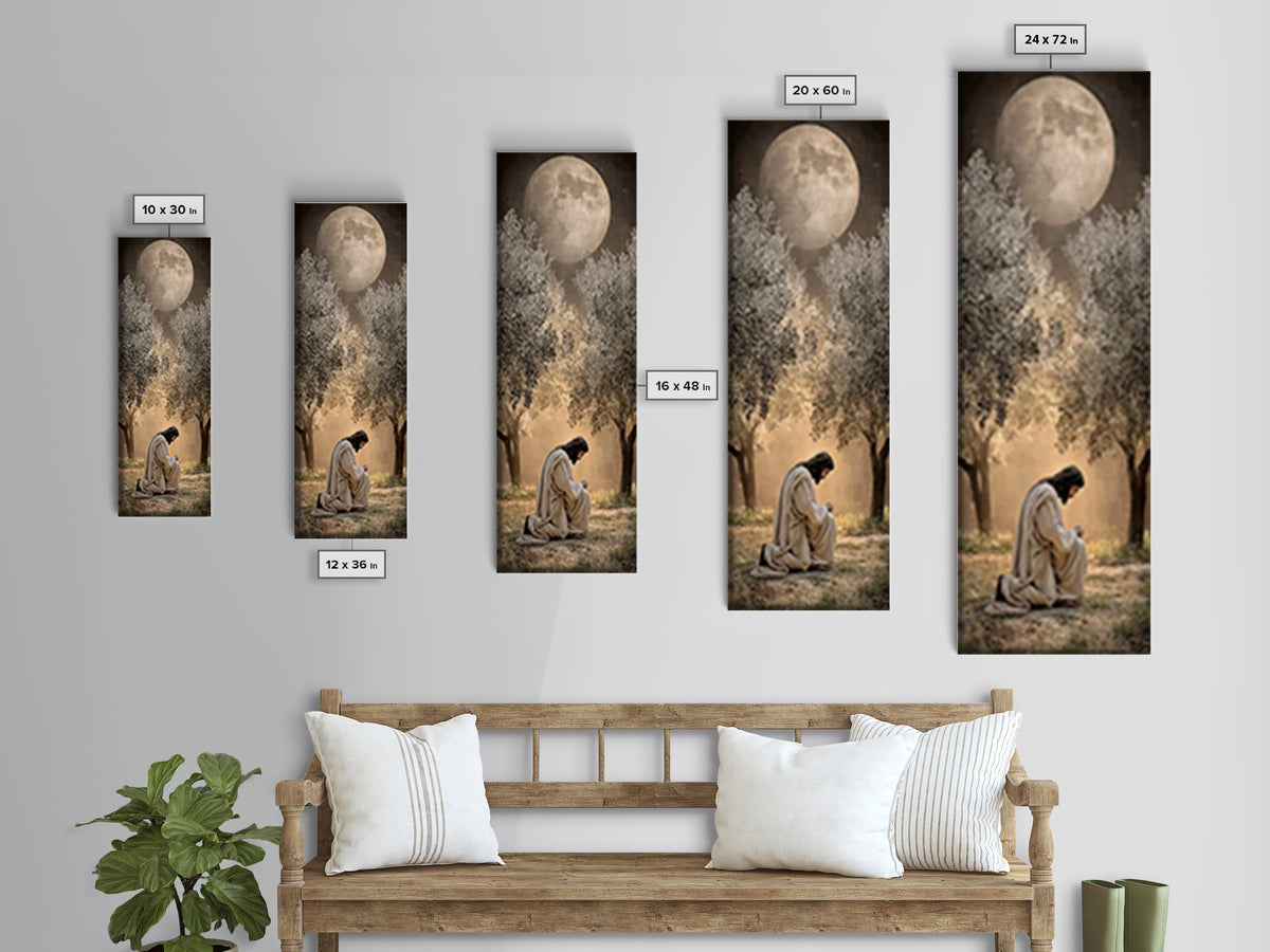 Moonlit Garden Prayer – Framed Canvas Print – Christian Wall Art – Jesus Painting – Tall Narrow Wall Art – Christian Art Canvas