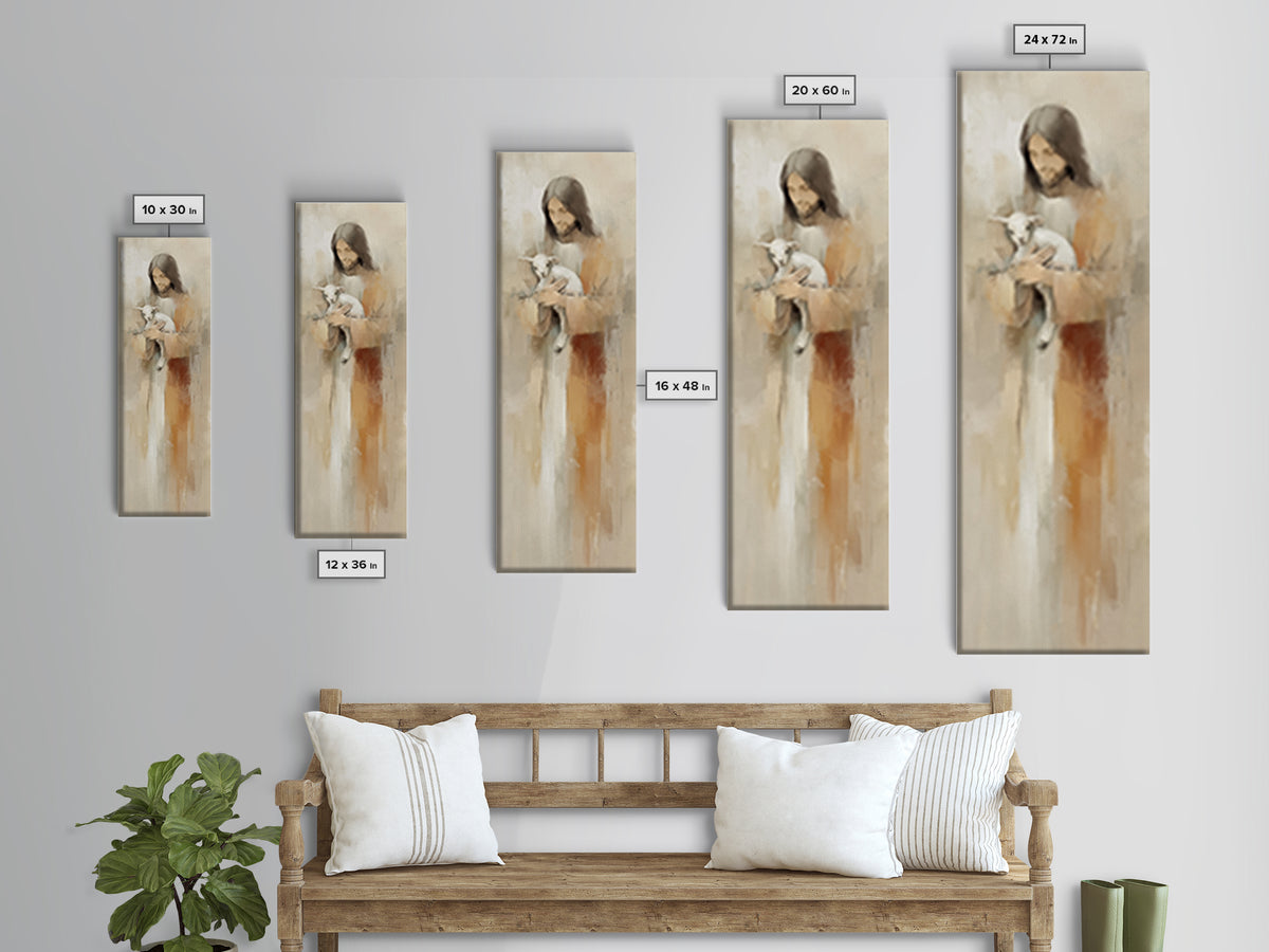 Gentle Shepherd Care – Framed Canvas Print – Jesus Painting – Christian Art – Tall Skinny Art Print – Christian Wall Art – Christmas Art