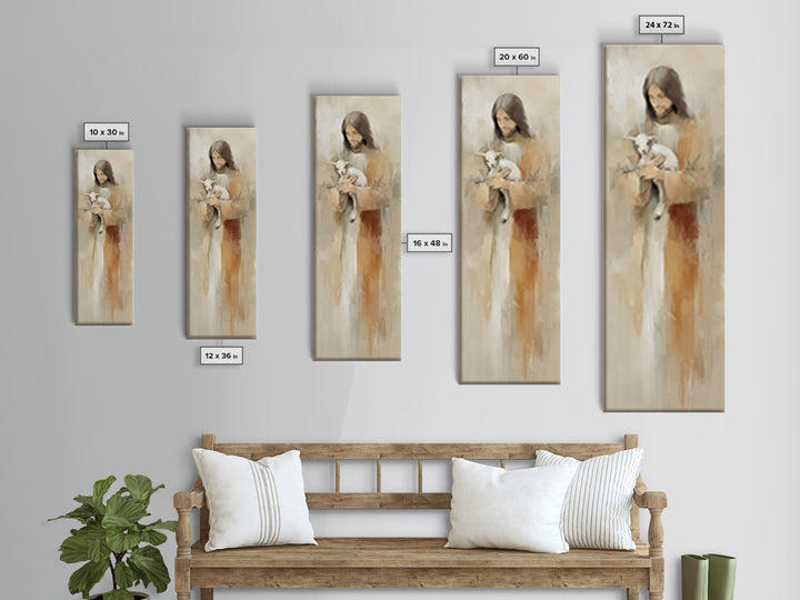 Gentle Shepherd Care – Framed Canvas Print – Jesus Painting – Christian Art – Tall Skinny Art Print – Christian Wall Art – Christmas Art