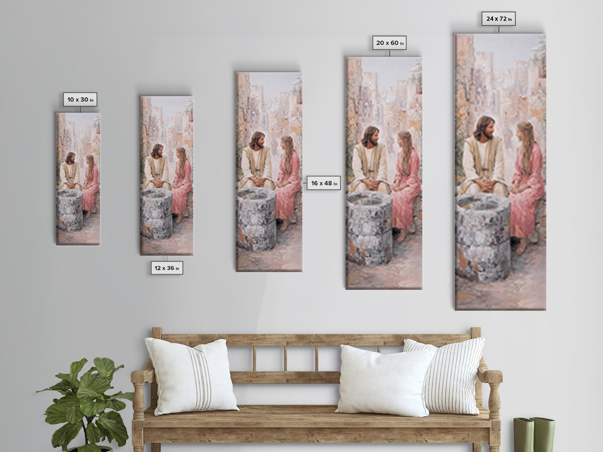 Timeless Well Gathering – Framed Canvas Print – Tall Narrow Wall Art – Jesus Painting – Christian Art Canvas – Christian Wall Art – Christi