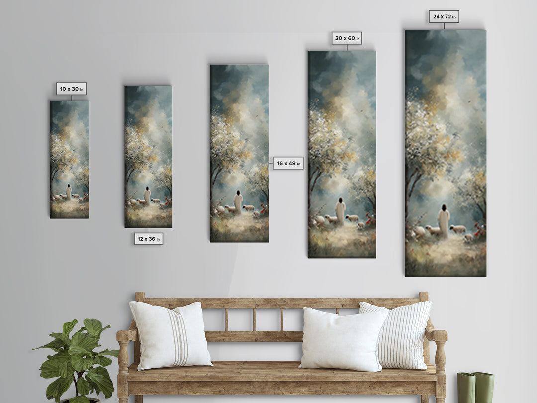 Pastoral Dawn Walk – Framed Canvas Print – Tall Skinny Art Print – Christian Wall Art – Christian Art Canvas – Jesus Painting – Christian C