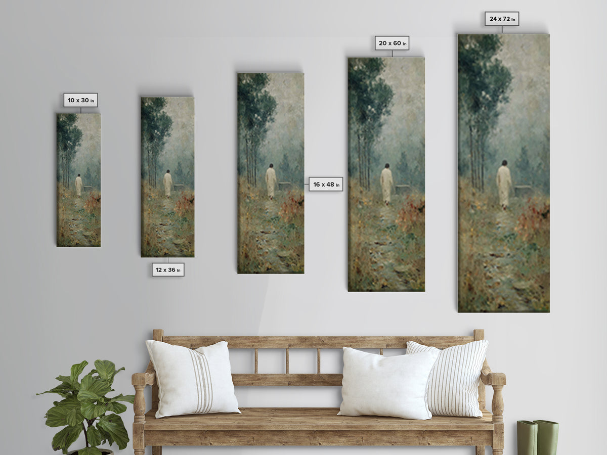 Quiet Meadow Walk, Framed Canvas Print, Christian Wall Art, Jesus Painting, Tall Skinny Art Print, Christian Art Canvas