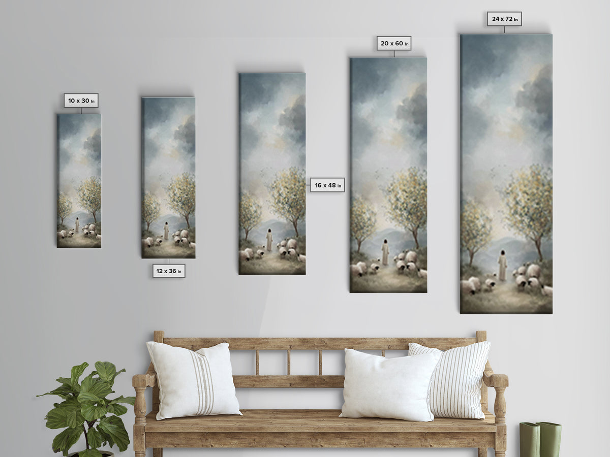 Peaceful Pasture Light – Framed Canvas Print – Tall Skinny Art Print – Christian Art Canvas – Christian Wall Art – Jesus Painting – Christi