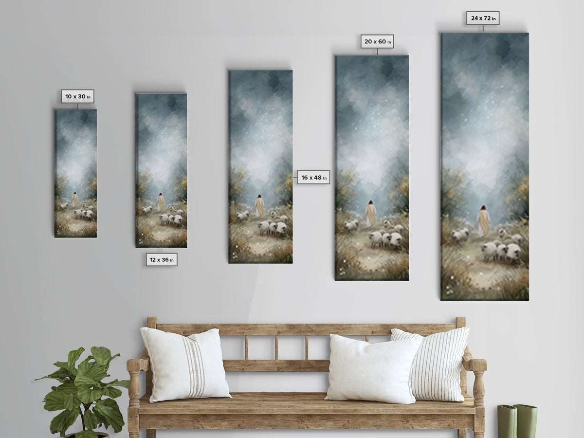 Heavenly Pasture Light, Framed Canvas Print, Tall Skinny Art Print, Christian Art Canvas, Christian Wall Art, Jesus Painting, Christmas Art