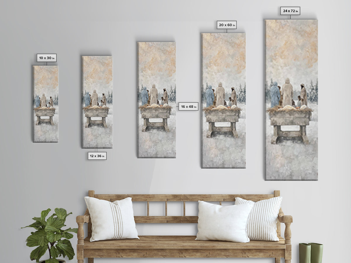 Winter Manger Gathering – Framed Canvas Print – Tall Skinny Art Print – Christian Wall Art – Jesus Painting – Christmas Art – Christian Dec
