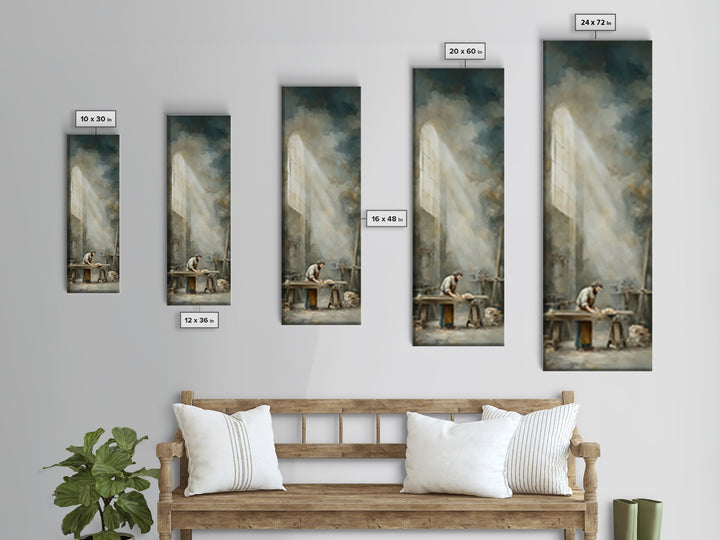 Holy Workshop Glow, Framed Canvas Print, Narrow Art, Christian Art Canvas, Christian Wall Art, Jesus Painting, Moody Christian Art