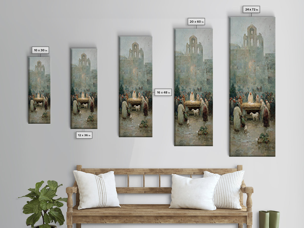 Nativity Town Gathering – Framed Canvas Print – Narrow Art – Christian Art Canvas – Christmas Art – Christian Wall Art – Christian Painting