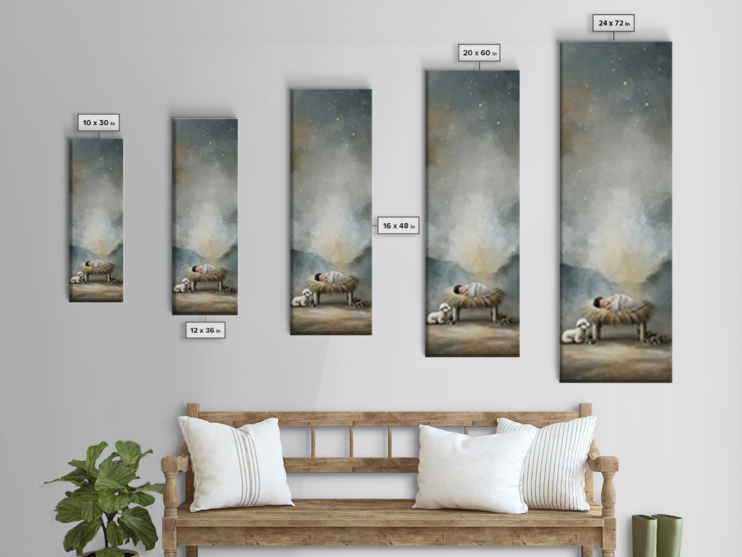 Divine Stable Glow – Framed Canvas Print – Christian Art – Jesus Painting – Christian Christmas Art – Tall Skinny Art Print