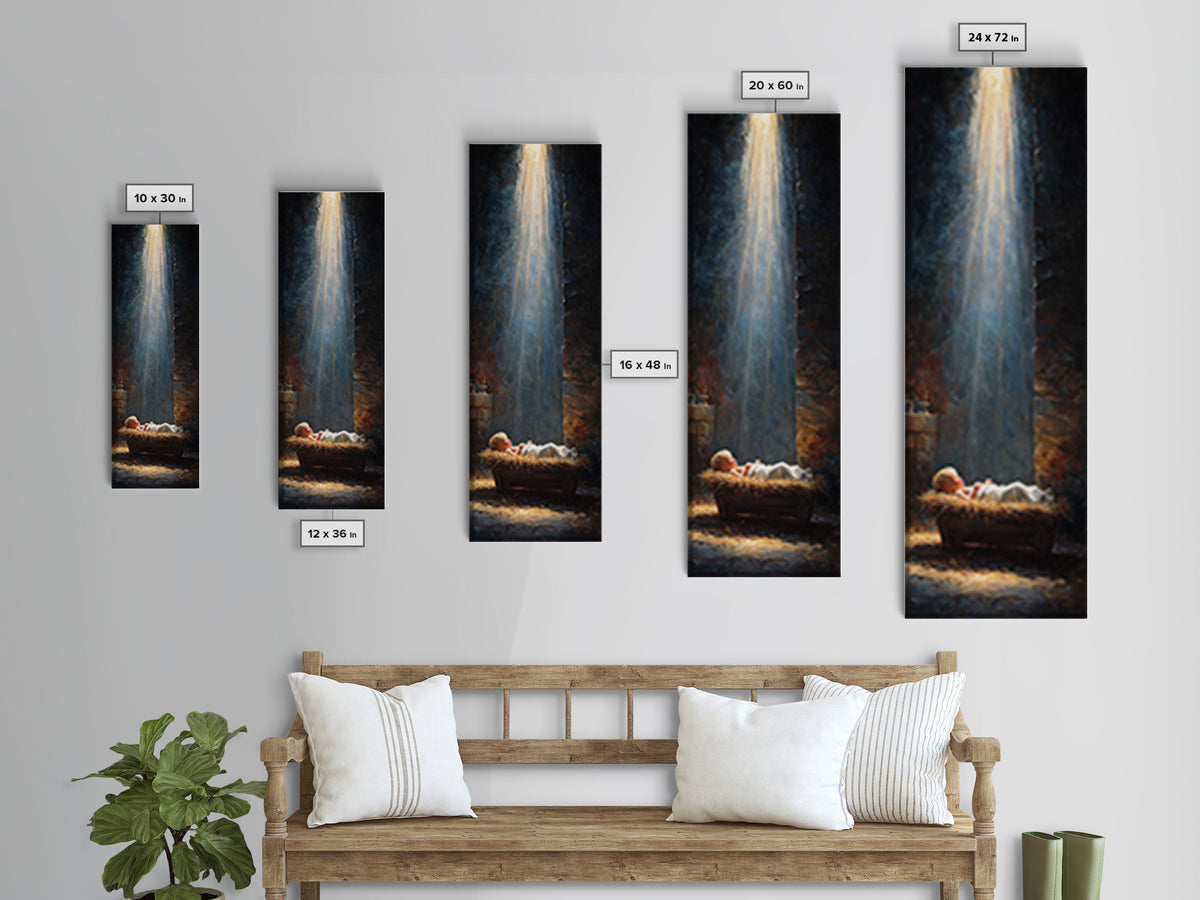 Manger Blessing Light – Framed Canvas Print – Christian Art – Jesus Painting – Christian Christmas Art – Christmas Canvas Wall Art – Skinny
