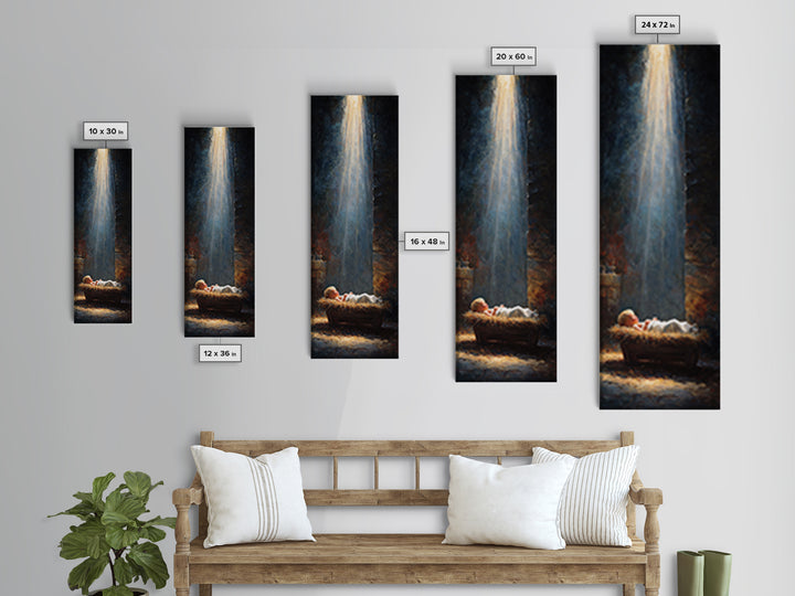 Manger Blessing Light – Framed Canvas Print – Christian Art – Jesus Painting – Christian Christmas Art – Christmas Canvas Wall Art – Skinny