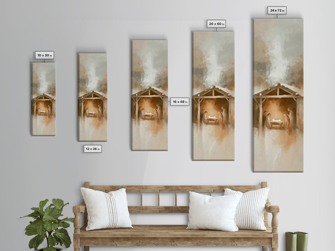 Manger Moon Night – Framed Canvas Print – Narrow Art – Christian Art Canvas – Christmas Art – Jesus Painting – Christian Christmas Art