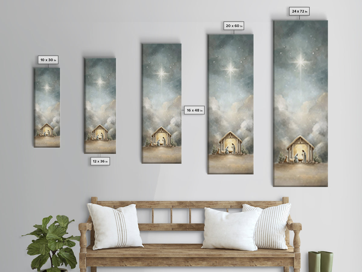 Radiant Stable Peace – Framed Canvas Print – Tall Narrow Wall Art – Christian Art Canvas – Jesus Art – Christian Christmas Art – Jesus Pain