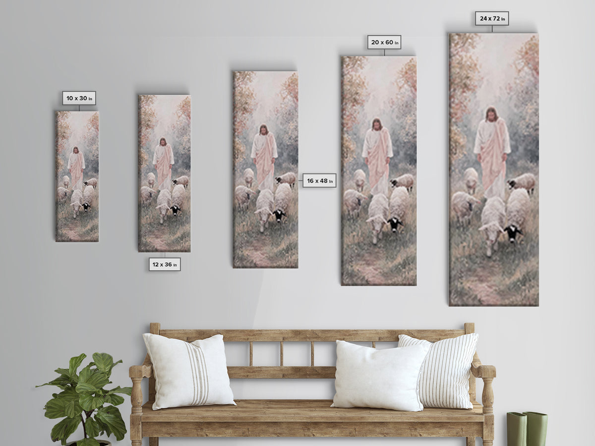 Gentle Shepherd Walk – Framed Canvas Print – Tall Skinny Art Print – Jesus Painting – Christian Art Canvas – Christian Wall Art – Modern Ch