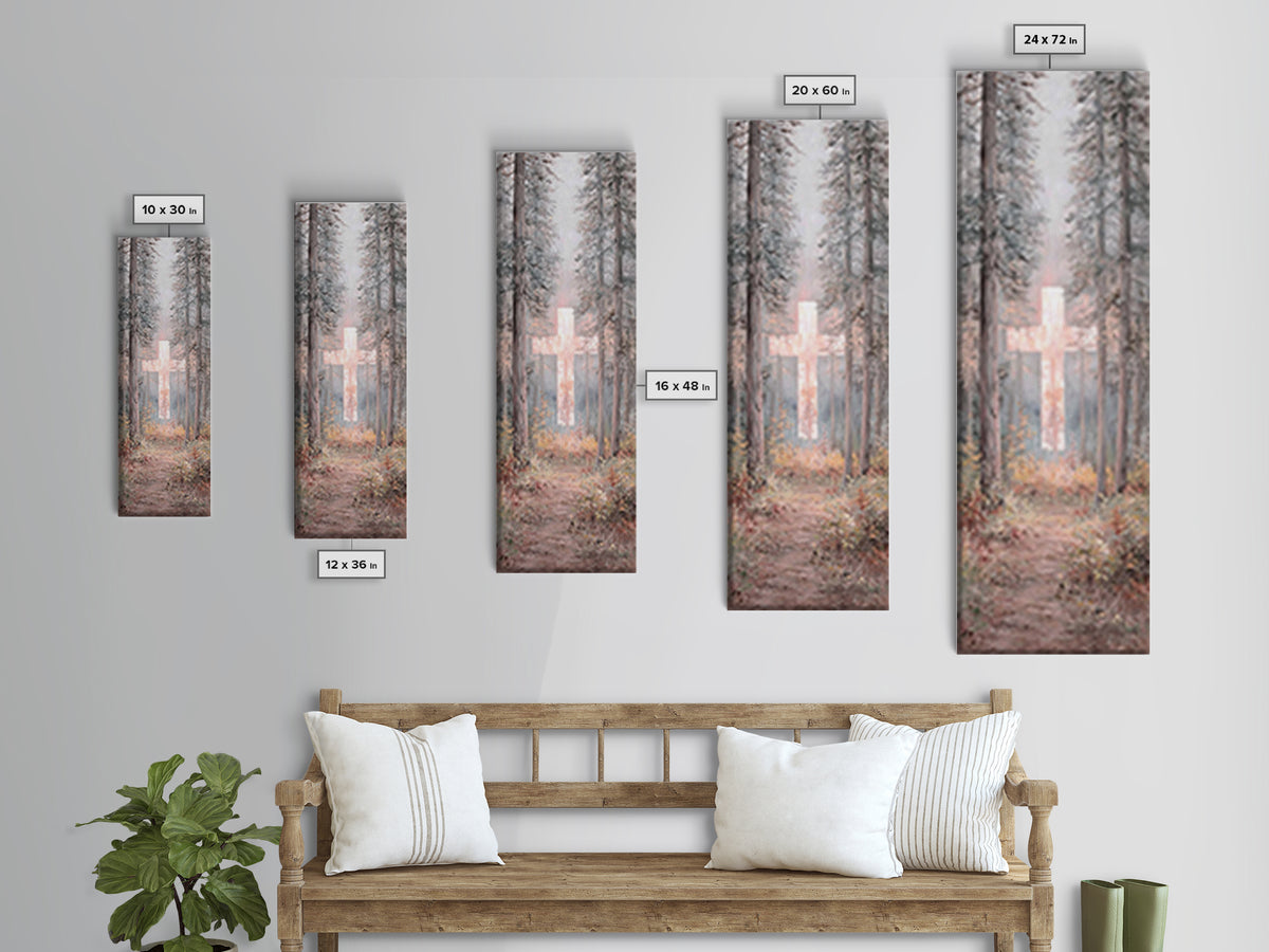 Forest Cross Glow – Framed Canvas Print – Narrow Art – Christian Wall Art – Christian Art Canvas – Christmas Art – Modern Christian Art – C