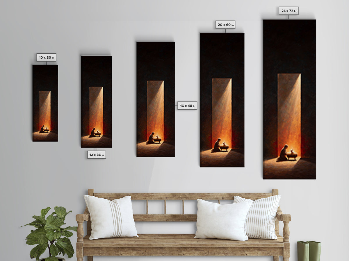 Sacred Manger Glow – Framed Canvas Print – Christmas Wall Art – Tall Skinny Art Print – Christian Art – Jesus Painting – Christian Art Gift