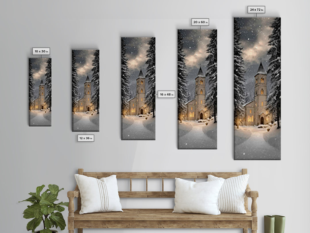 Snowfall Chapel Light – Framed Canvas Print – Tall Narrow Wall Art – Christian Wall Art – Christmas Art – Christian Christmas Décor – Moder