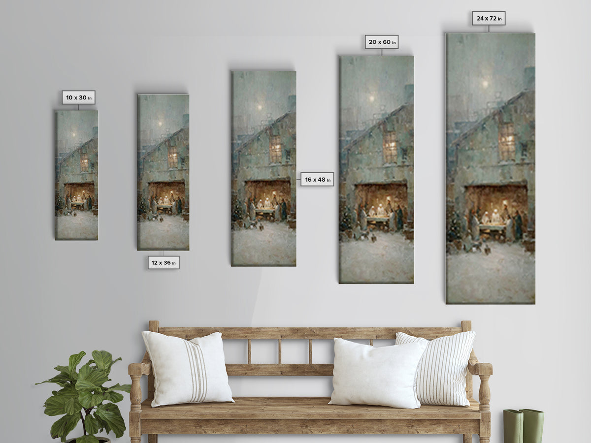 Humble Stable Night – Framed Canvas Print – Christmas Wall Art – Christian Art Canvas – Tall Skinny Art Print – Vintage Christmas Art